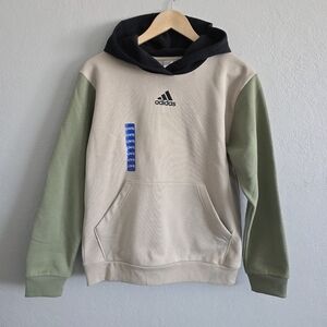 Adidas Youth Graphic Logo Pullover Hoodie Sweatshirt Beige Green Sz L 14-16 NEW